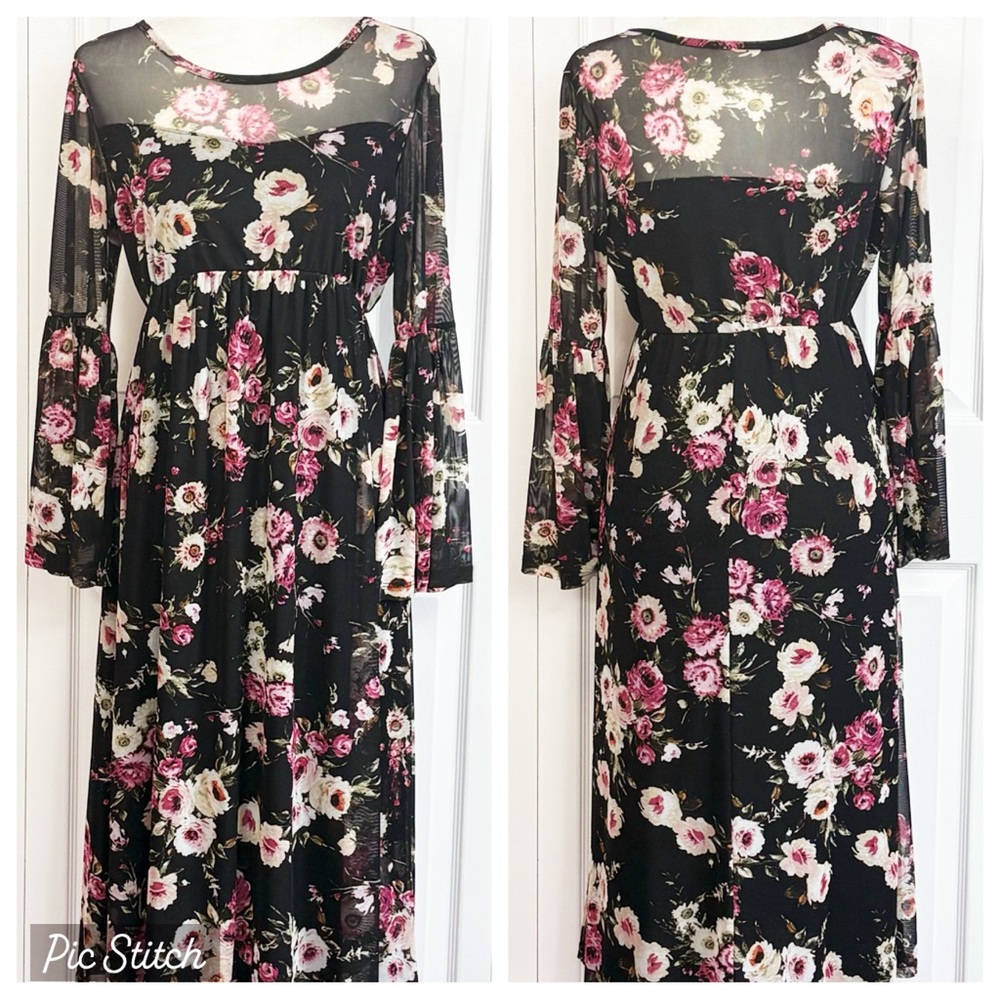 Elliott & Vine Black Floral Sheer Sleeve Empire Waist Midi Dress Medium